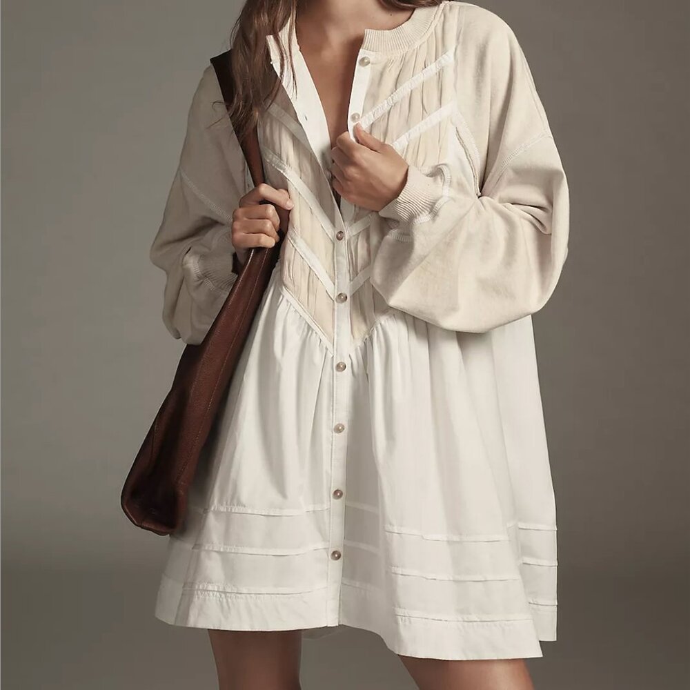 Anthropologie Pilcro Long-Sleeve Button-Front Twofer Mini Dress Large Petite NWT